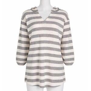 Beach Break Gray/White V-Neck Hoodie Roll-Tab 3/4 Sleeve Top Nautical Casual‎
